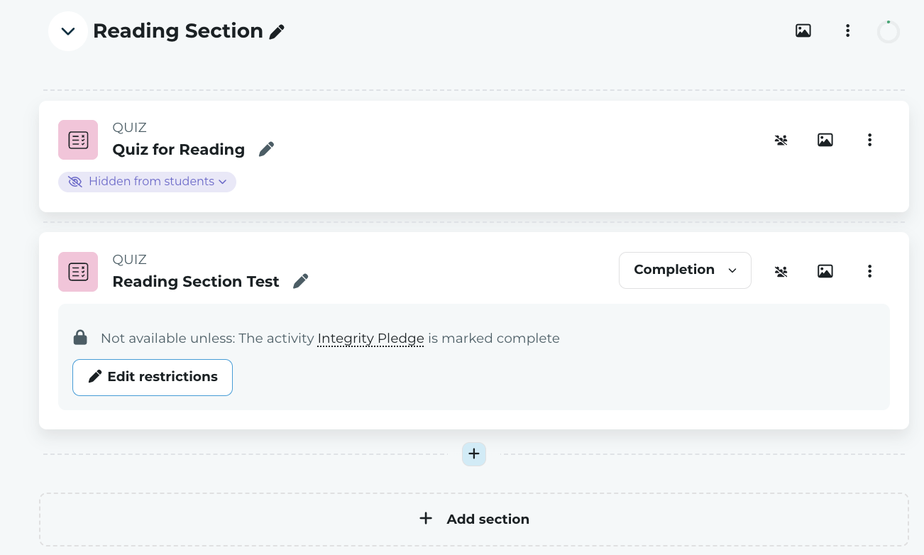 Moodle Reading Section Test showing a restriction until Integrity Pledge is marked complete